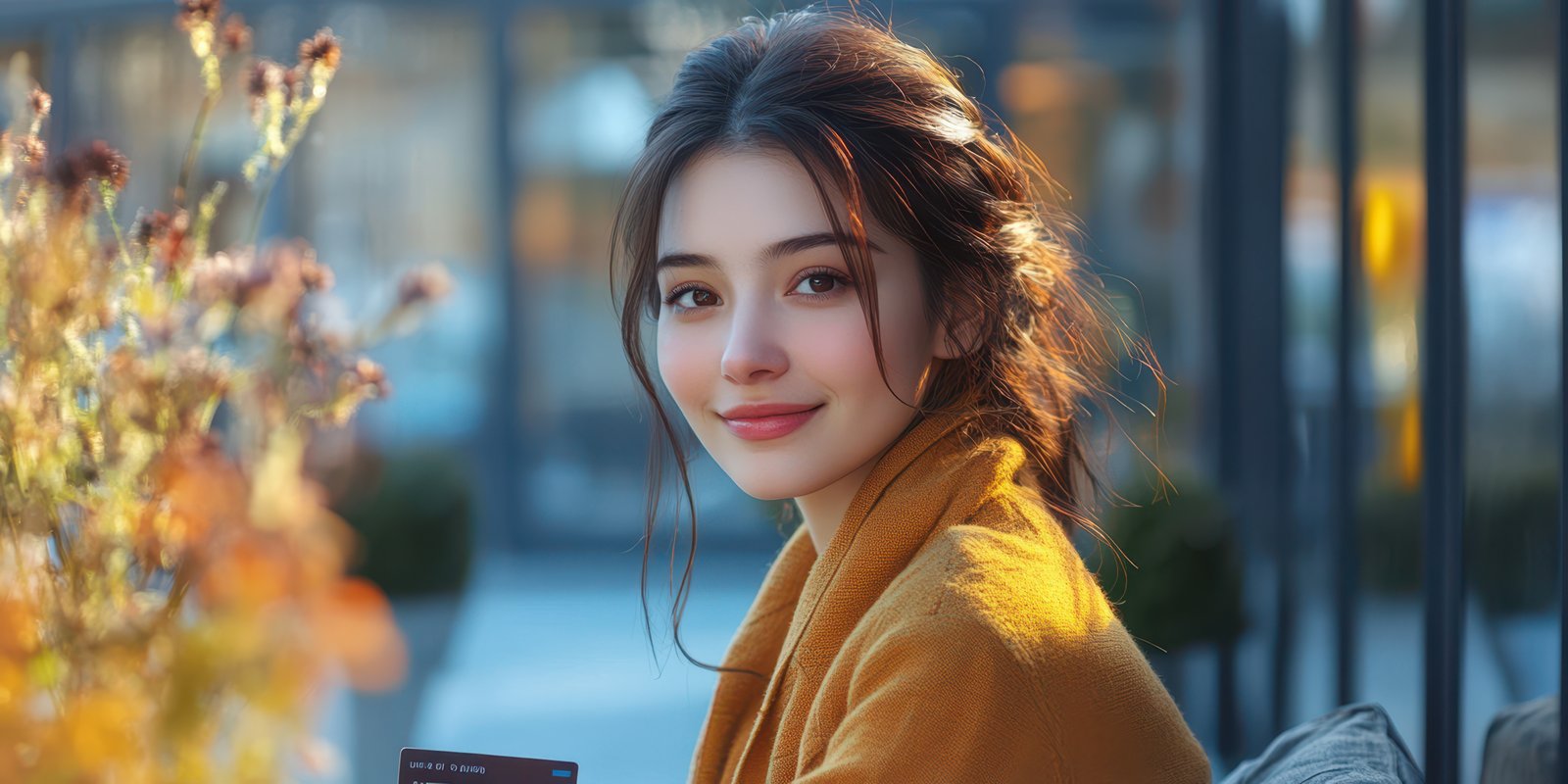 Young woman enjoying autumn in a cozy outdoor cafe with warm sunlight illuminating her relaxed expression